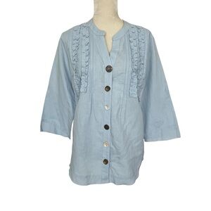 Soft Surroundings Linen Ruffle Top Women’s Size L Blue Fun Big Front Buttons